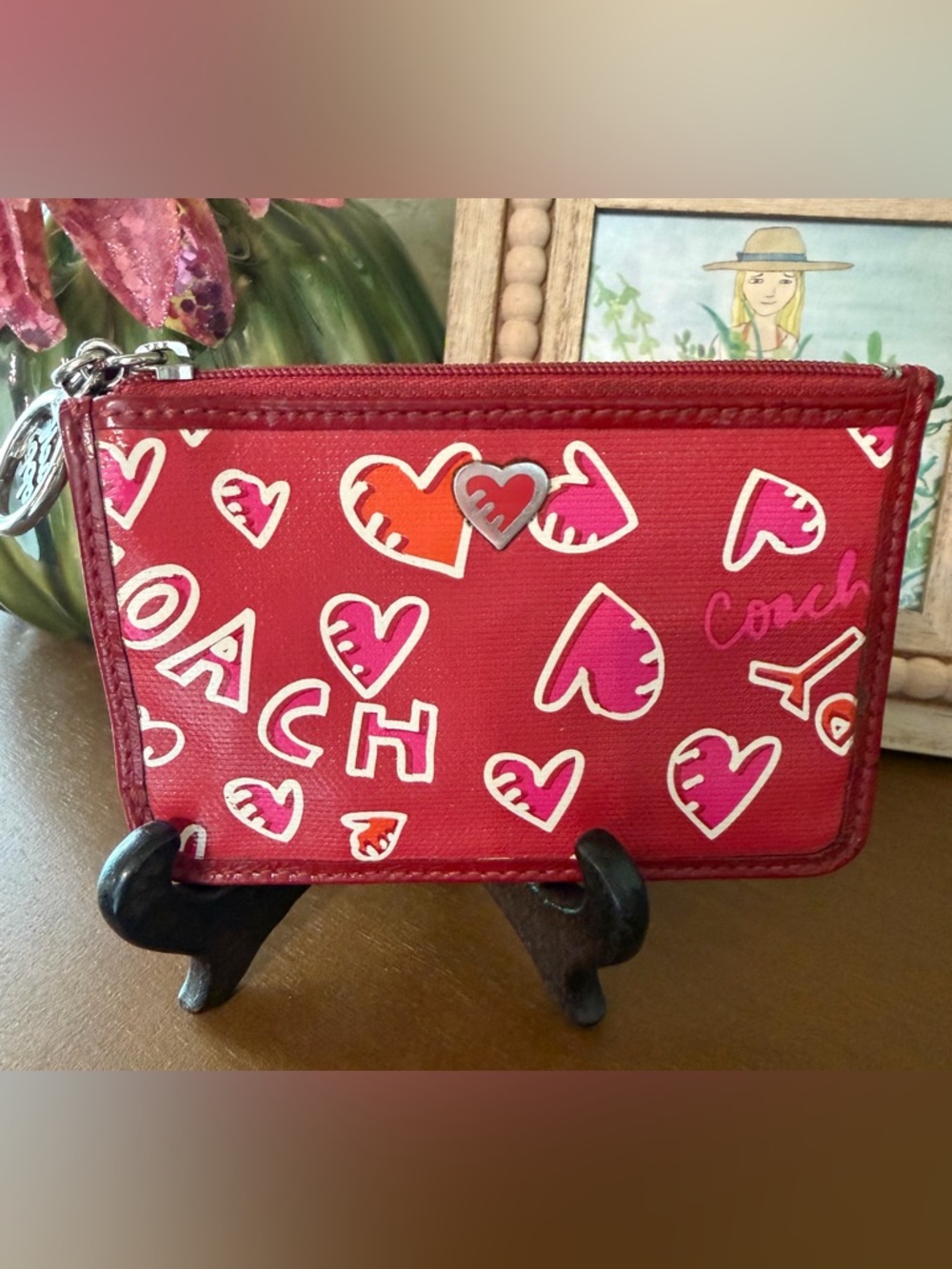 Coach Red Heart Print Poppy Zip Card Case